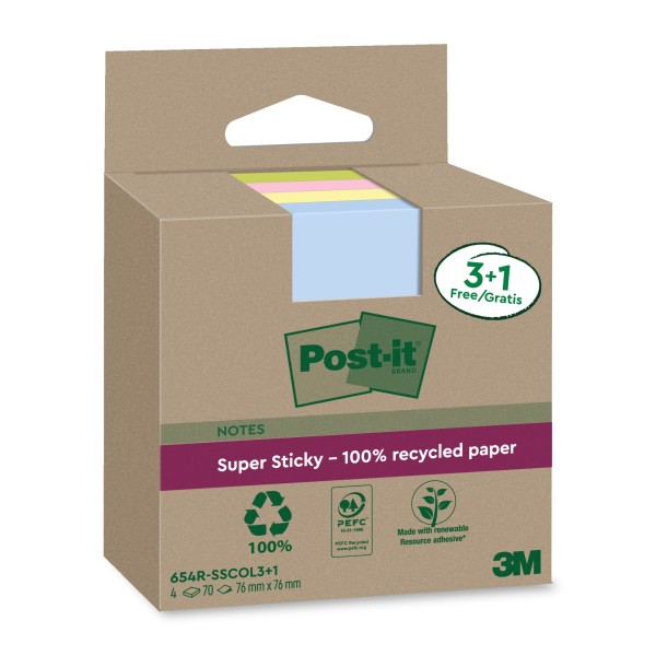 Post-it Haftnotiz Super Sticky 654 RSSCOL 3+1F 76x76mm 70Bl sort 4St