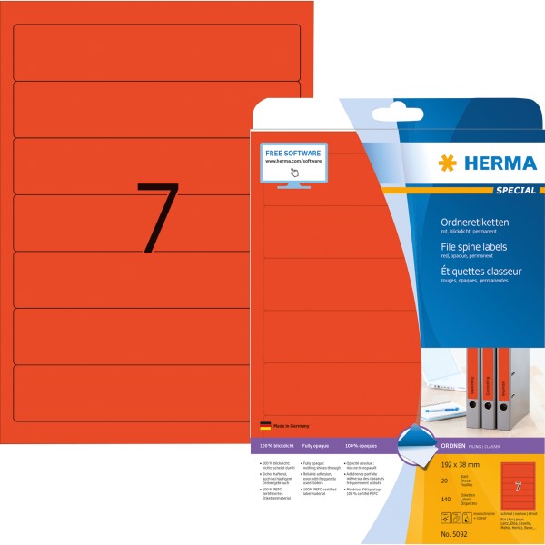 HERMA Ordneretikett 5092 kurz/schmal sk rot 140 St./Pack.