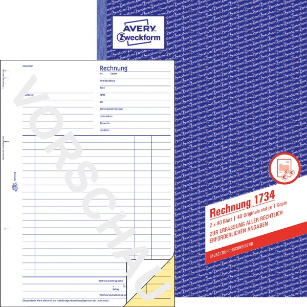 Avery Zweckform Rechnung 1734 DIN A4 +Durchschlag 2x40Bl.