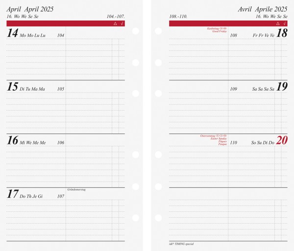 Timer Timing Spicial Ersatzkalender 1Woche = 2 Seiten