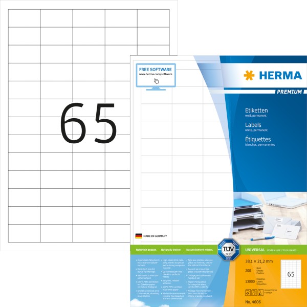 HERMA Etikett PREMIUM 4606 38,1x21,2mm weiß 13.000 St./Pack.