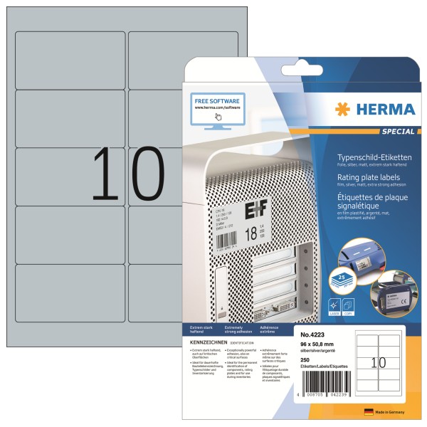 HERMA Etikett Typenschild 4223 96x50,8mm silber 250 St./Pack.