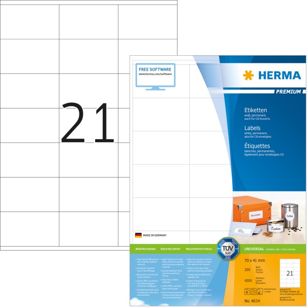 HERMA Etikett Premium 4634 70x41mm matt weiß 4.200 St./Pack.