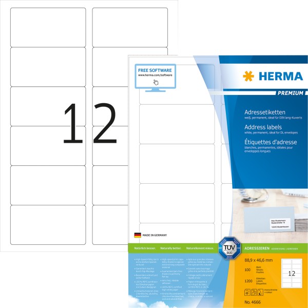 HERMA Etikett PREMIUM 4666 88,9x46,6mm weiß 1.200 St./Pack.