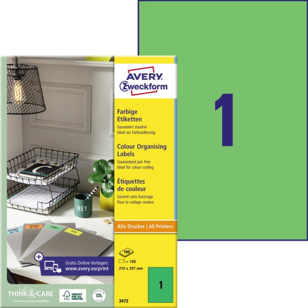 Avery Zweckform Universaletikett 3472 210x297mm grün 100 St./Pack.