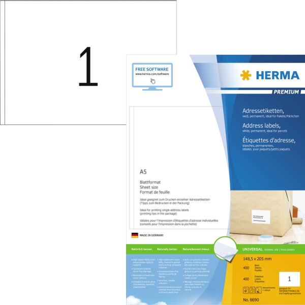 HERMA Etikett PREMIUM 8690 148,5x205mm weiß 400 St./Pack.